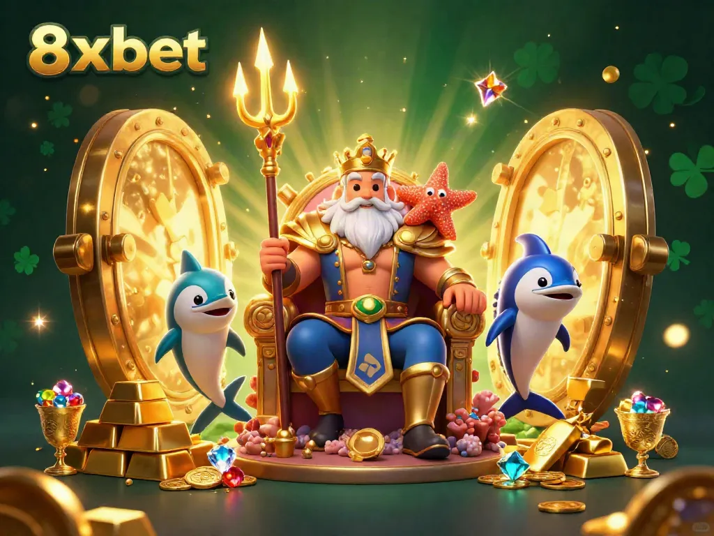 Experience the excitement of 8xbet with a vibrant underwater casino scene featuring Neptune and treasures.