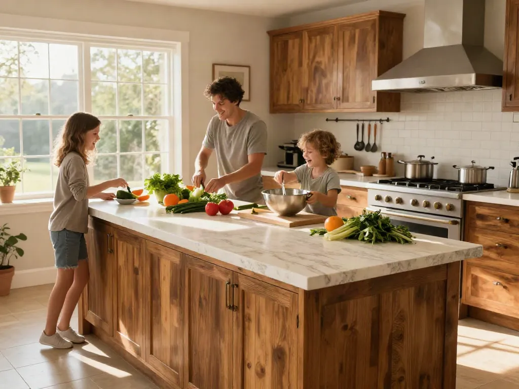 Family cooking together in a bright kitchen with custom kitchen countertops Hamilton, showcasing natural stone and fresh ingredients.