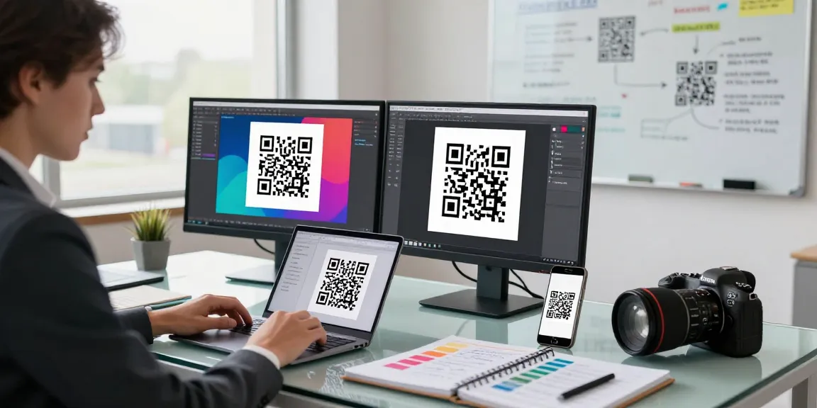 Create QR Code with a professional using a laptop and monitors in a bright office