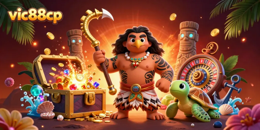 Experience the vibrant world of vic88cp with a dynamic illustration featuring a Polynesian demigod and casino elements bursting with excitement.
