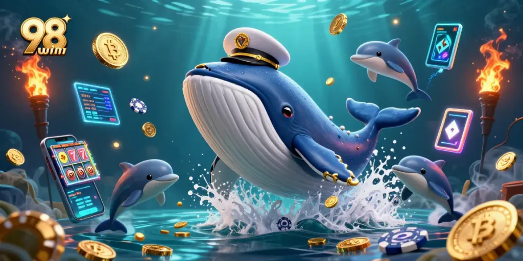 Win big at 98win with an exciting 3D casino-themed illustration featuring playful characters and gold coins.