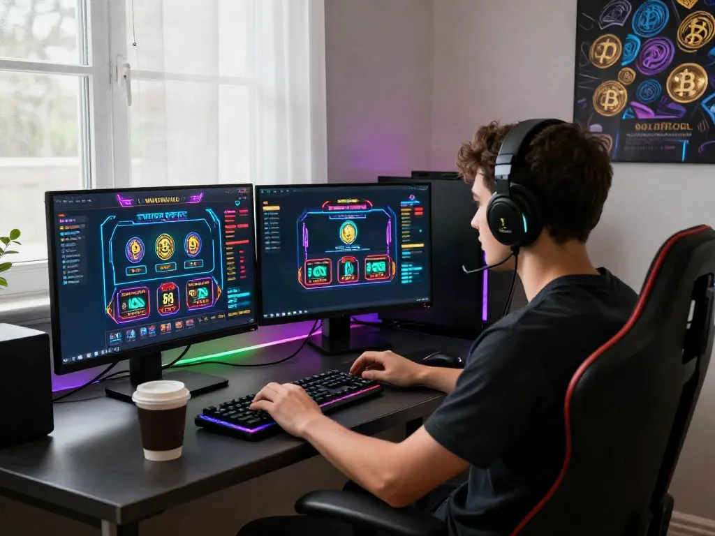 Engaging online gaming with crypto casino interface in a modern home office, featuring bitcoin gaming elements.