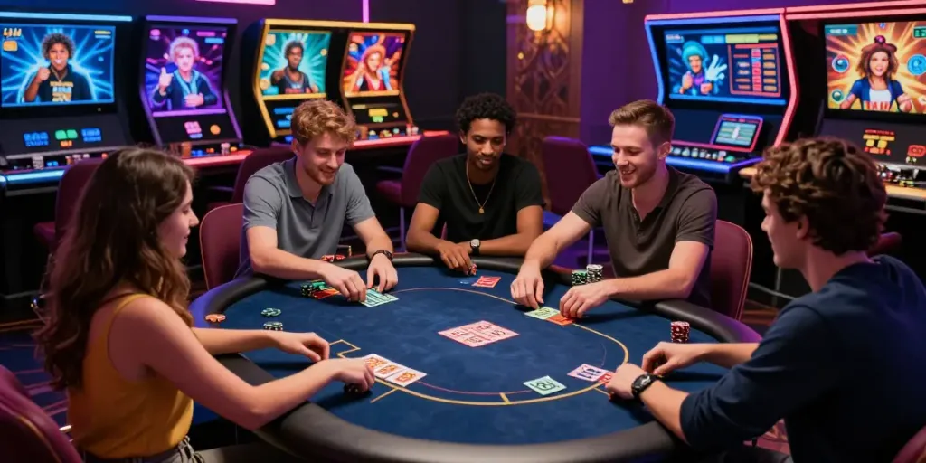 Diverse group enjoying nbet poker game in a lively virtual casino atmosphere.