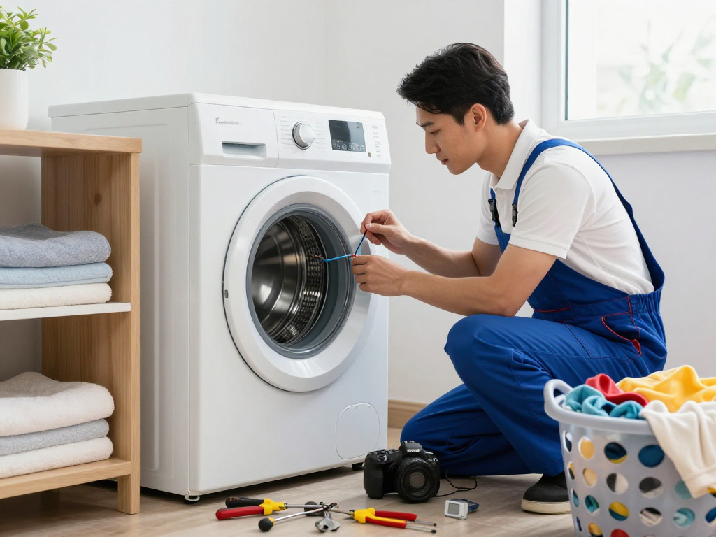 Skilled technician performing local appliance repair on a washing machine in a modern laundry room.