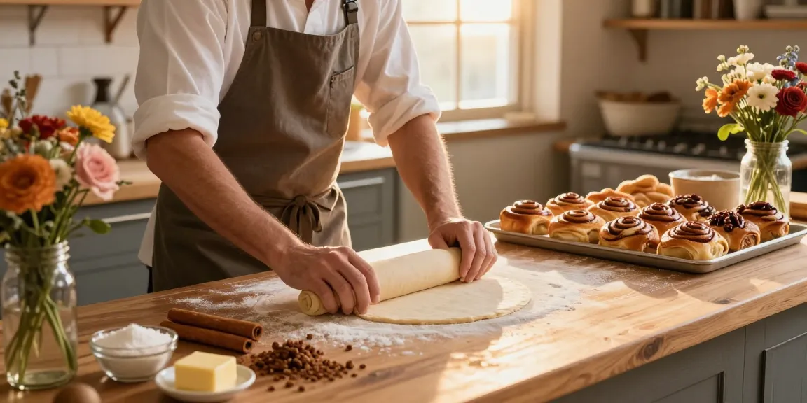 Pastries Calgary with freshly baked cinnamon buns in a cozy bakery setting, showcasing artisanal craftsmanship.