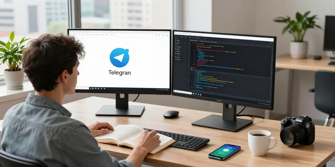 Telegram download in action at a modern tech workspace with a developer coding.