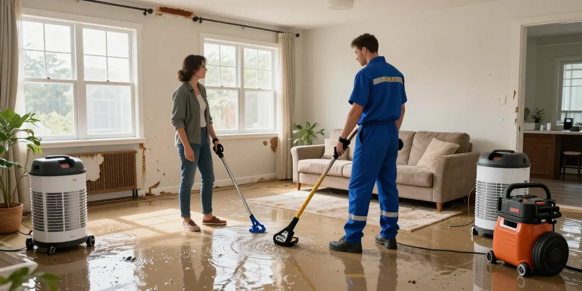 Water Damage Restoration Vancouver scene showcasing an expert technician assessing water damage in a modern home.