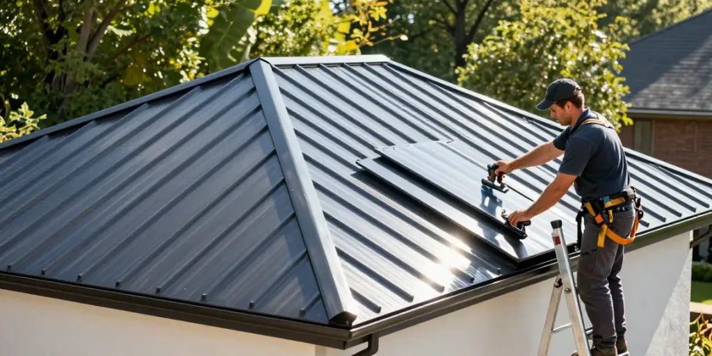 M Roof metal roofing installation showcasing a professional contractor at work.