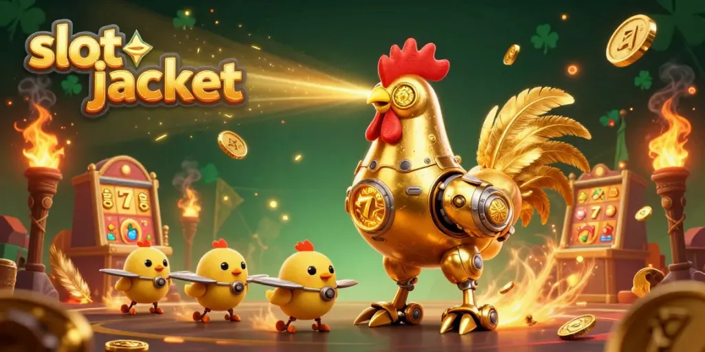 Experience thrilling slot jackpot action with a golden rooster robot and baby chick drones in a vibrant casino atmosphere.