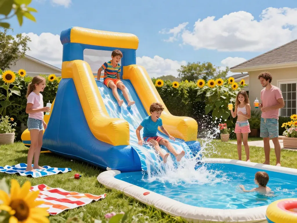 Children enjoying a water slide in a backyard setting on a sunny day
