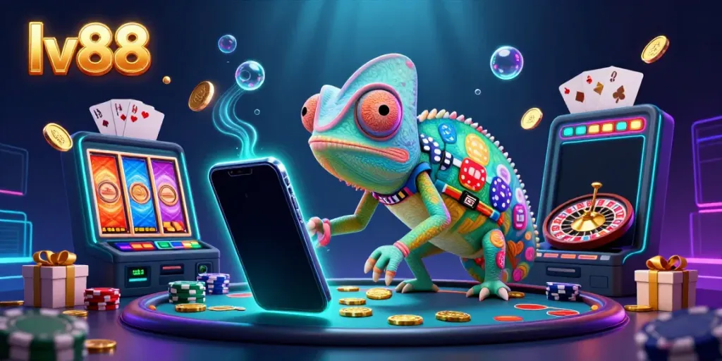 Join the lv88 experience with a vibrant 3D illustration showcasing a chameleon casino owner among gambling symbols.